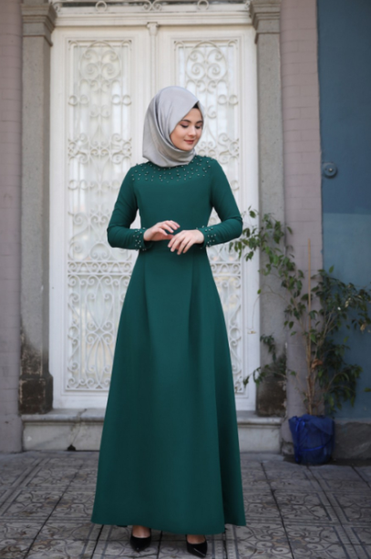 Yeşil Tesettür Abiye Elbise Modelleri